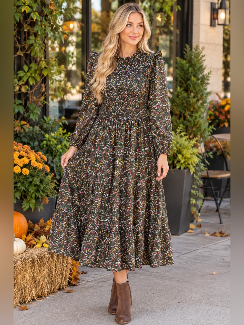 XLarge Draper James Green with Floral Midi Dress with Sheer Sleeves